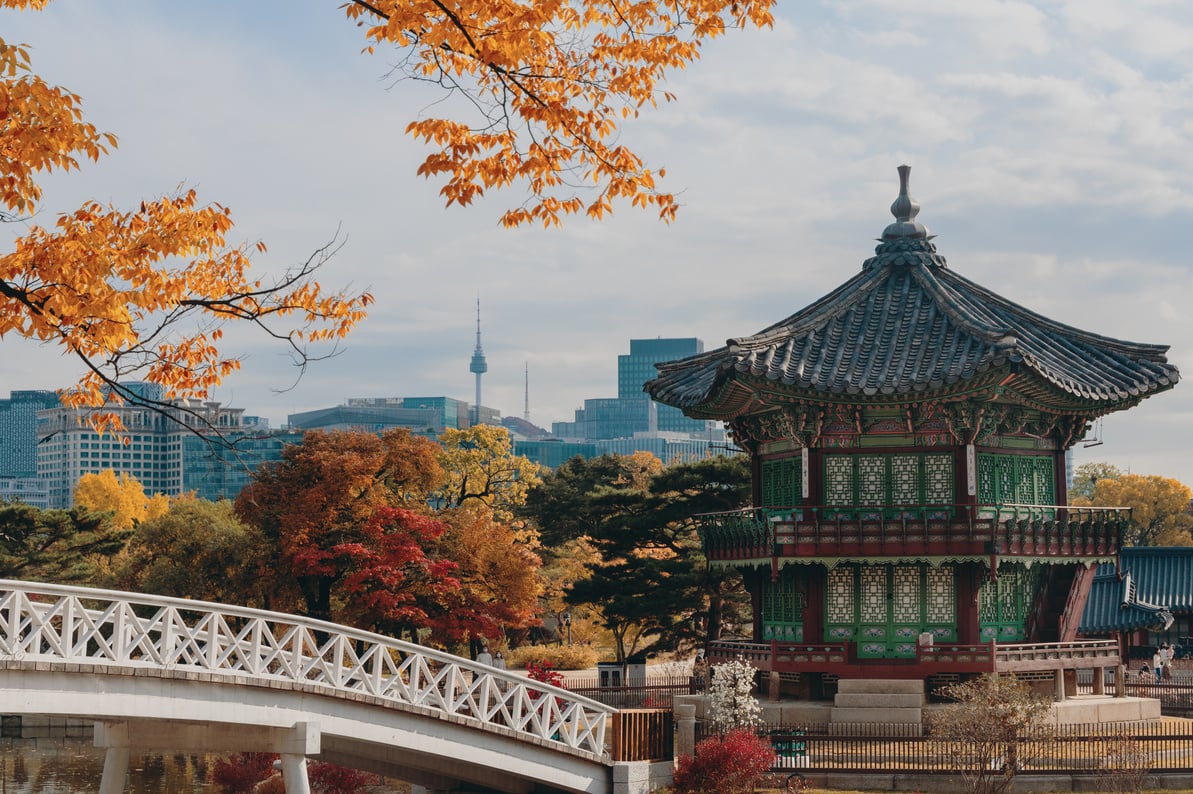 Traditional Korean Pagoda in Park at Autumn